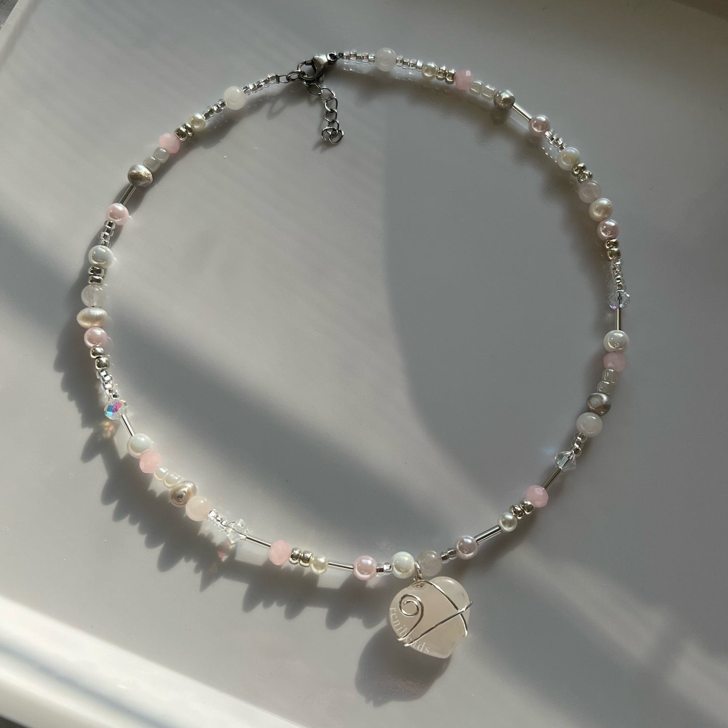 Rose Quartz Beaded Necklaces - Wire wrapped Heart pendant