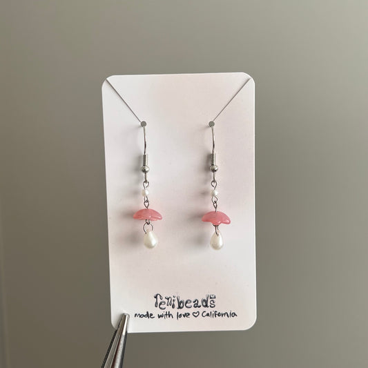 Pink + Silver Glass Petal Pearl Drop Earrings