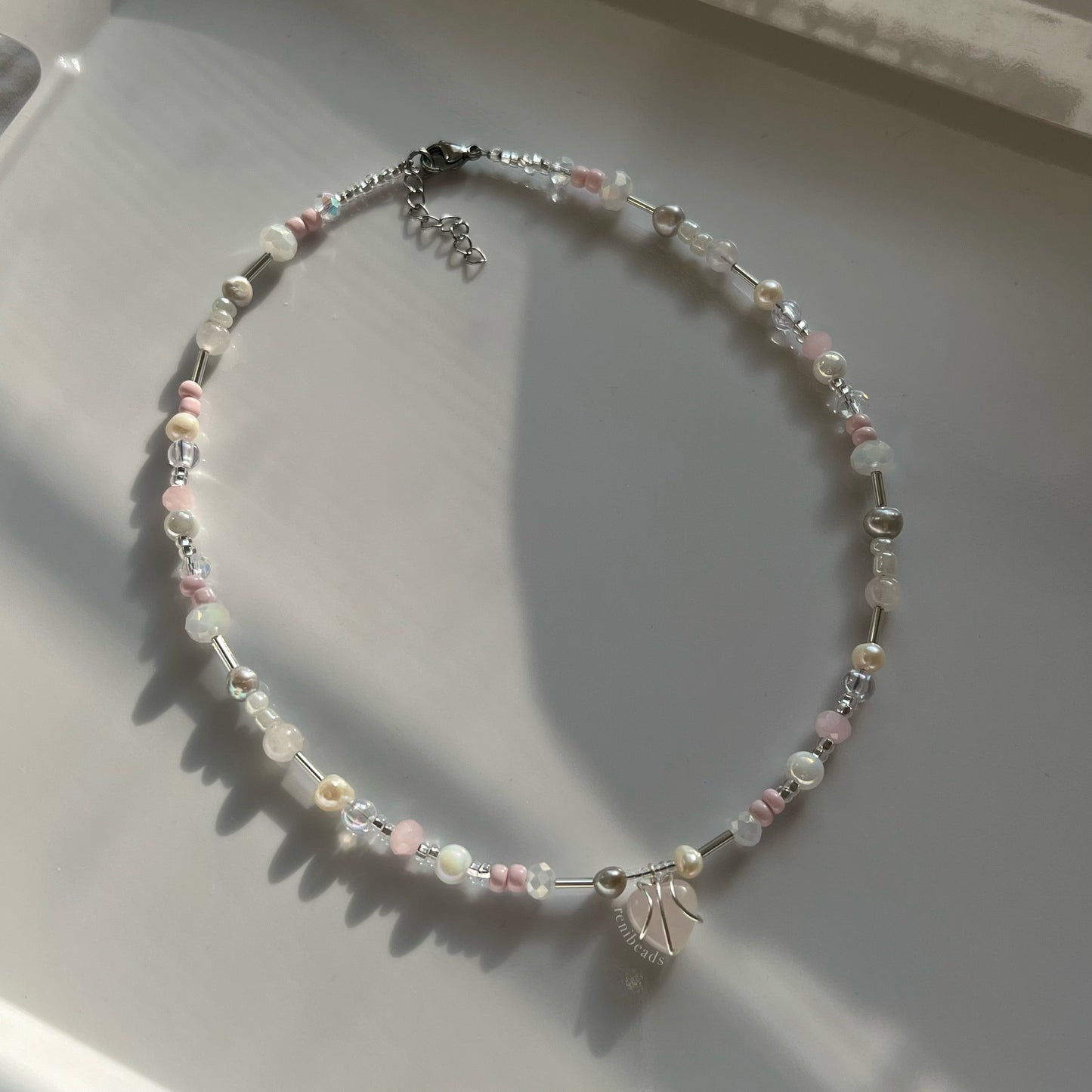 Rose Quartz Beaded Necklaces - Wire wrapped Heart pendant