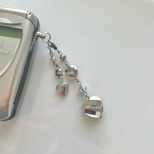 “Cyber Love” Phone Charm Y2k Silver Heart Beaded Phone Charm
