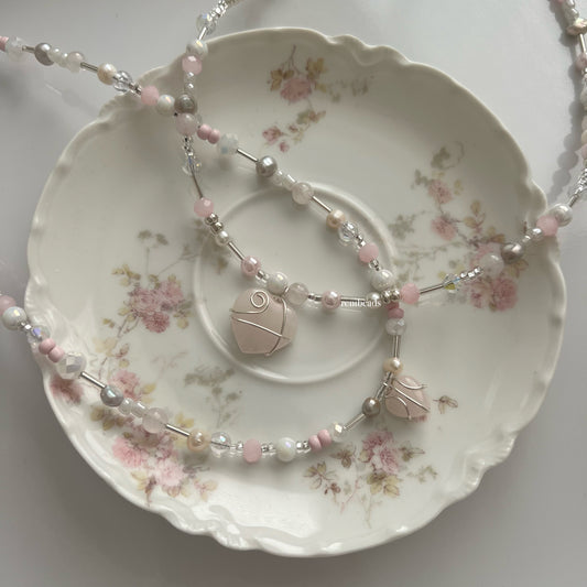 Rose Quartz Beaded Necklaces - Wire wrapped Heart pendant