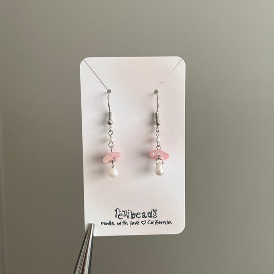 Pink + Silver Petal Pearl Drop Earrings