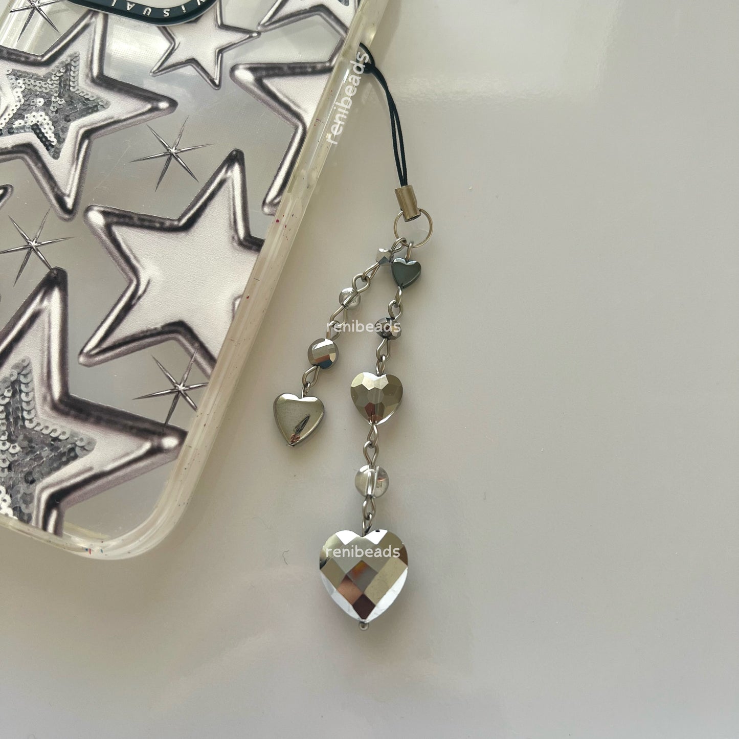 “Cyber Love” Phone Charm Y2k Silver Heart Beaded Phone Charm